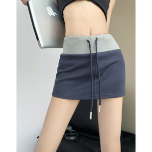 MianCun专机走线撞色美式休闲卫衣短裙女自带安全裤百搭半身裙