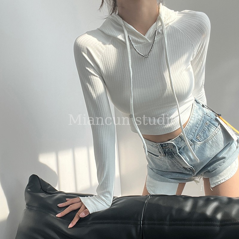 长袖高腰短款连帽上衣女