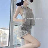 曼哈顿街区废土风美式 背心抽绳半裙休闲短裤 套装 女露背连帽无袖