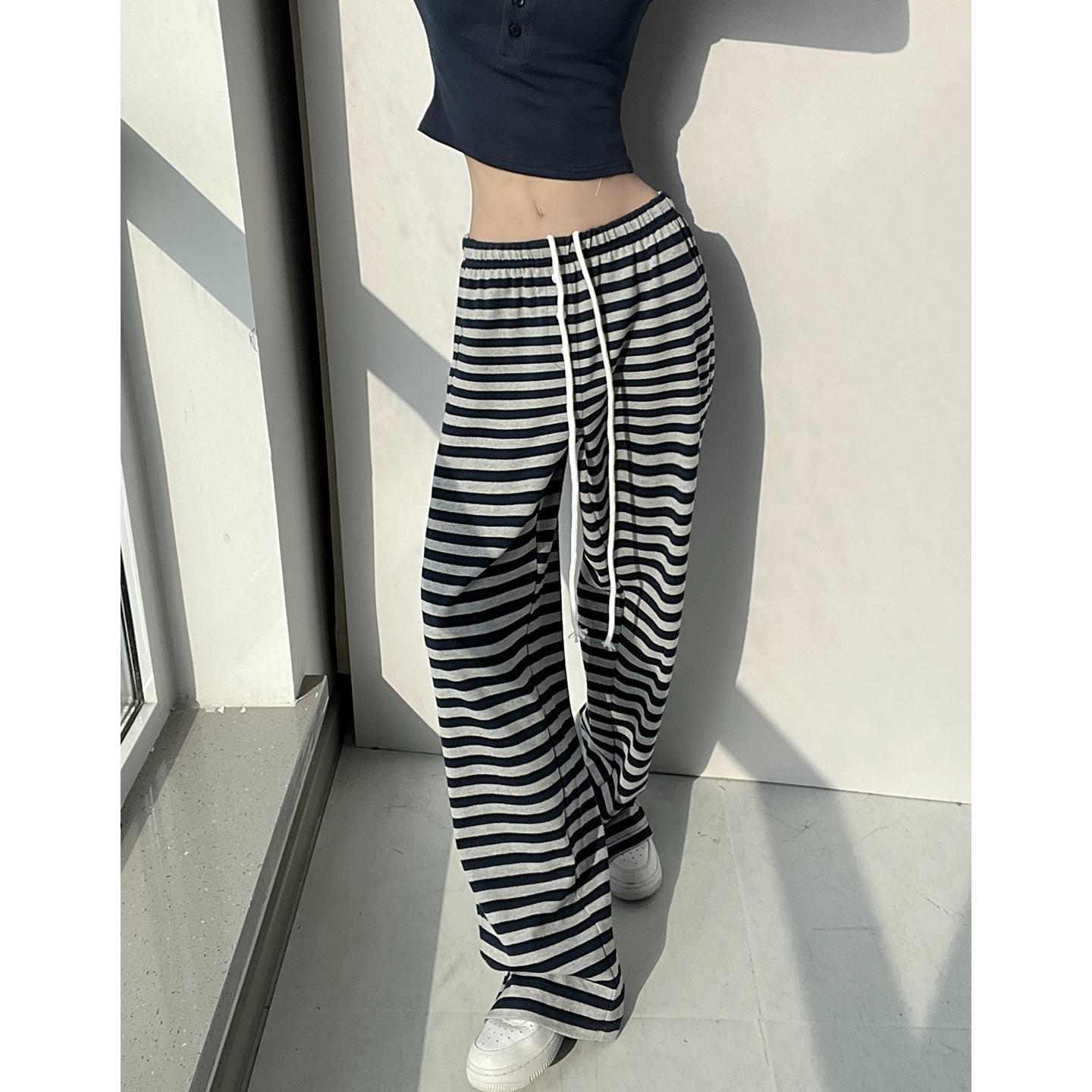 减压条纹抽绳阔腿裤女高腰垂感直筒宽松显瘦拖地休闲慵懒软糯裤子