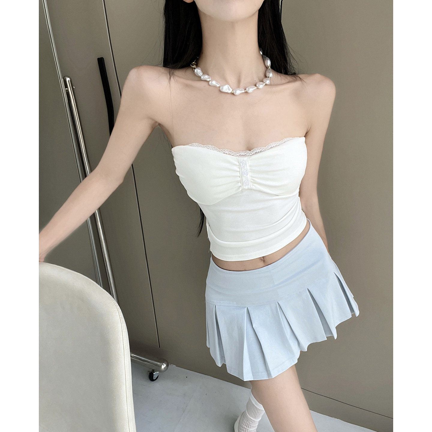 性感奶霜芭蕾风抹胸夏季蕾丝拼接背心带胸垫白色纯欲裹胸上衣,女装/女士精品,背心吊带,淘宝优惠券,粉丝福利购,淘宝优惠卷