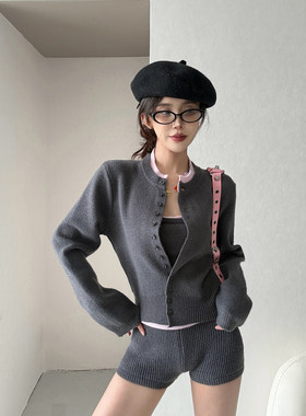 MianCun美式复古辣妹miu系撞色针织开衫/吊带/修身短裤三件套套装