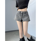 MianCun美式 管设计显腿细直筒磨白热裤 复古艳蓝牛仔小短裤 女宽裤