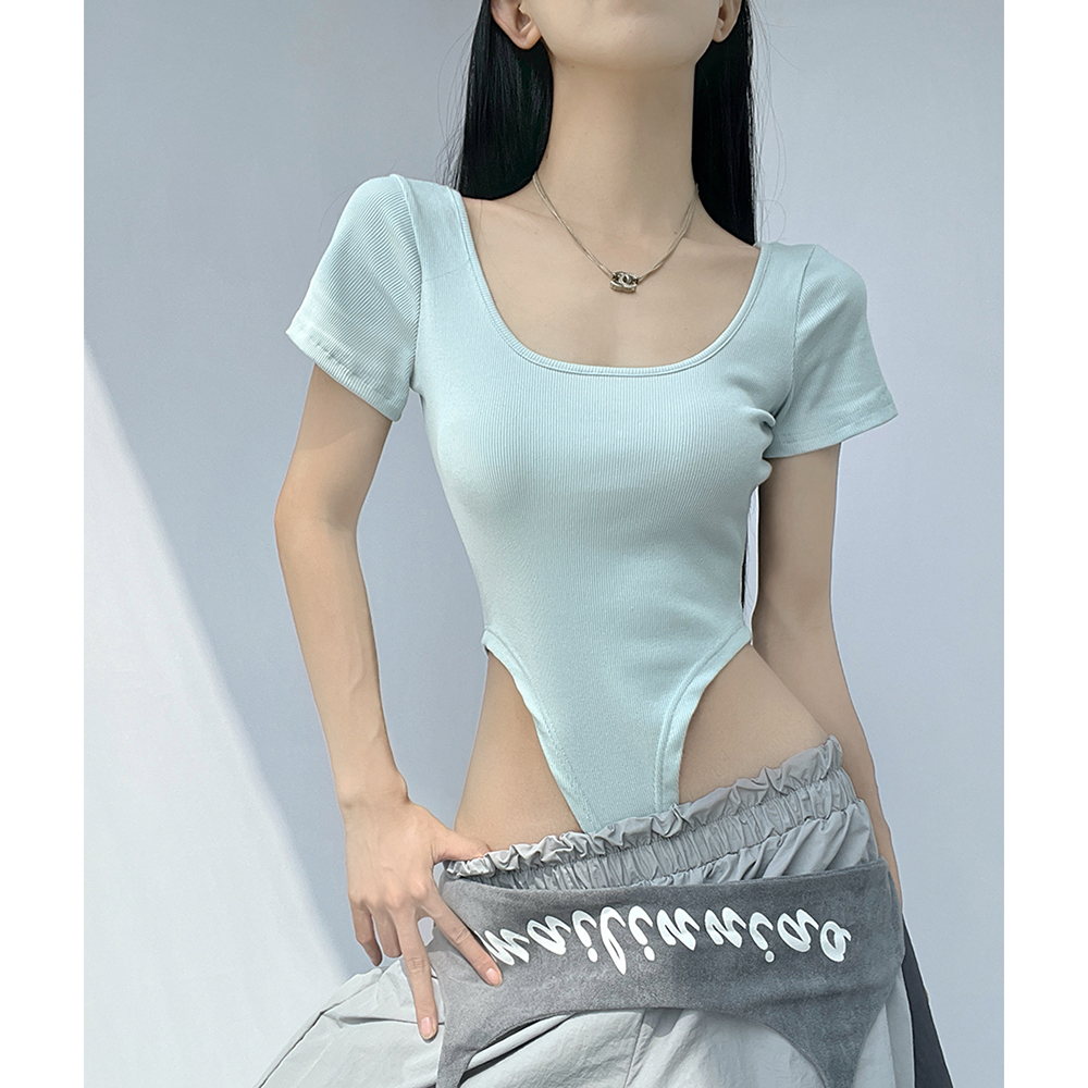 性感后背绑带镂空方领连体衣女