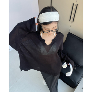 亚麻上衣女休闲文艺薄长袖 慵懒风前短后长侧开叉套头针织衫 T恤