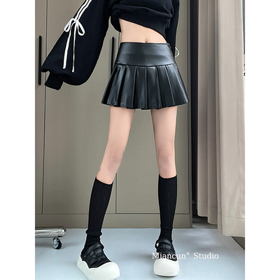 MianCun美式设计感PU百褶皮裙A字半身裙新款气质百搭短裙黑色女裙