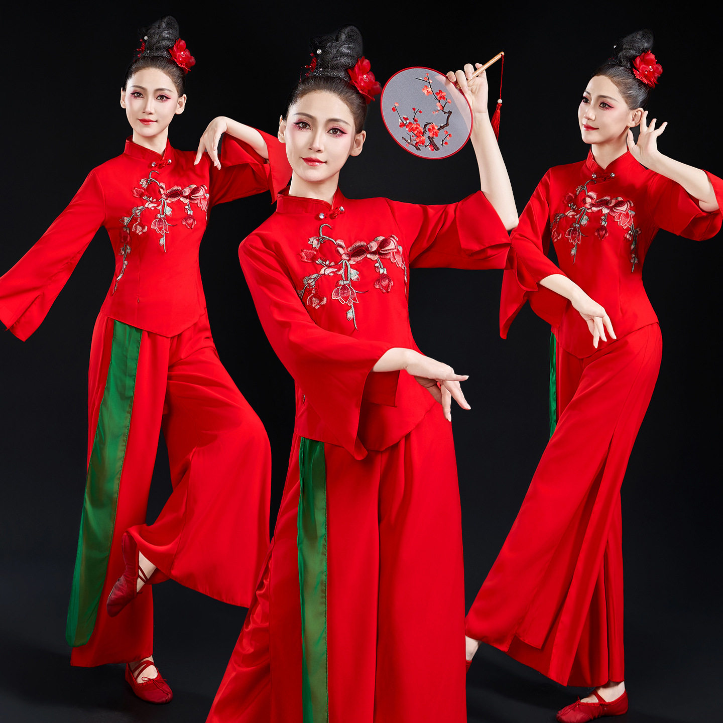 古典舞舞蹈服扇子舞红色古风演出服广场舞服装腰鼓胶州秧歌