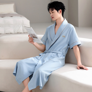 睡袍男士2025新款夏季纯棉短袖浴袍中长款浴衣男款夏天晨袍家居服