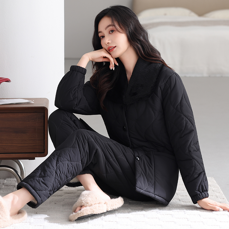 睡衣女秋冬季三层加厚羽绒夹棉服