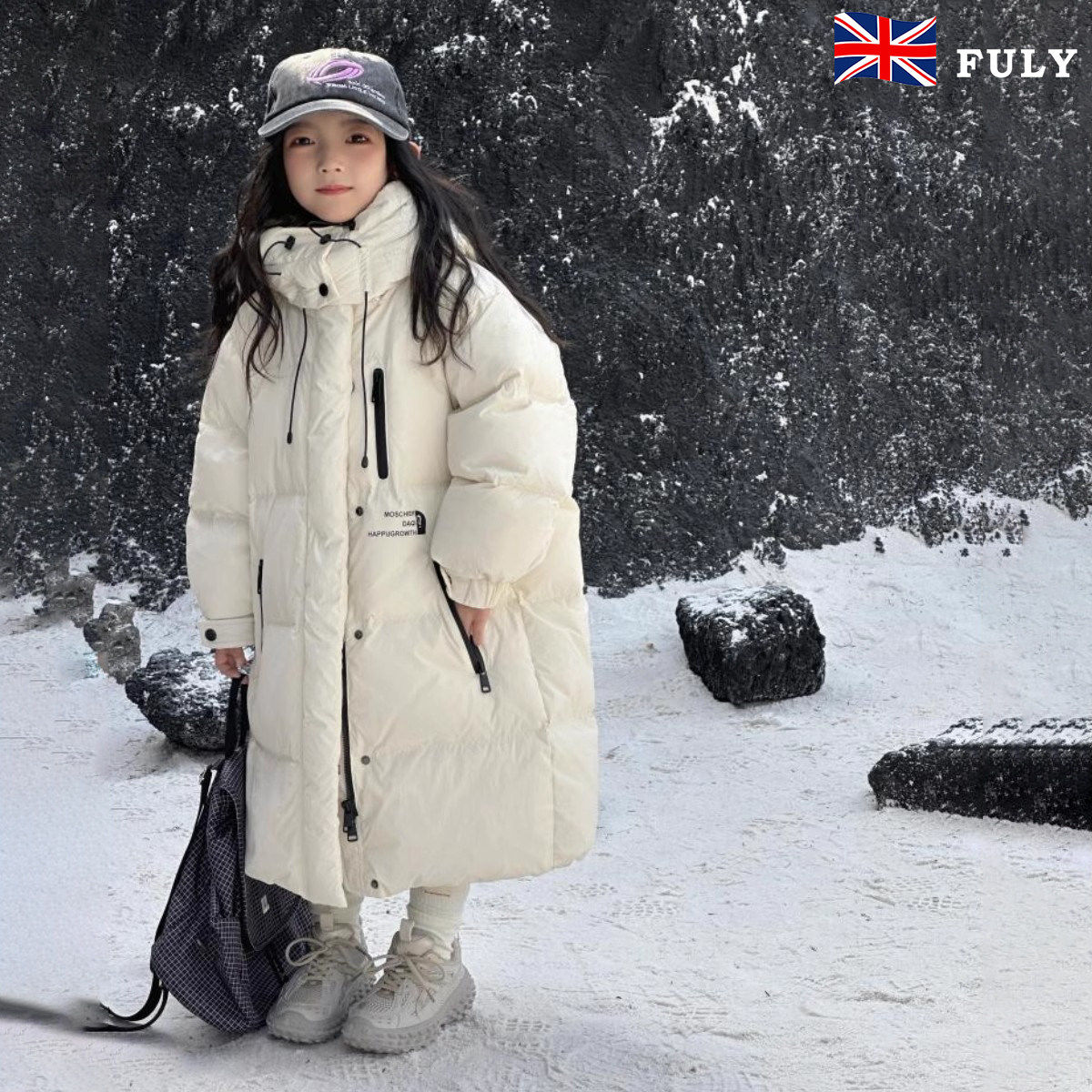 英国FULY儿童羽绒服女大童中长款加厚大被子冬装连帽三防抗寒外套
