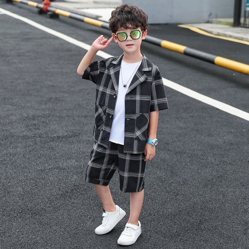 韩国男童西装夏季短袖薄款休闲大童礼服演出服男孩小西服套装儿童