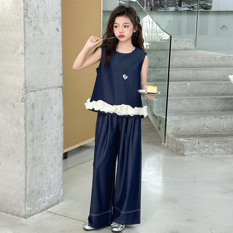女童套装夏季2025新款洋气儿童无袖背心夏装女孩天丝阔腿裤两件套