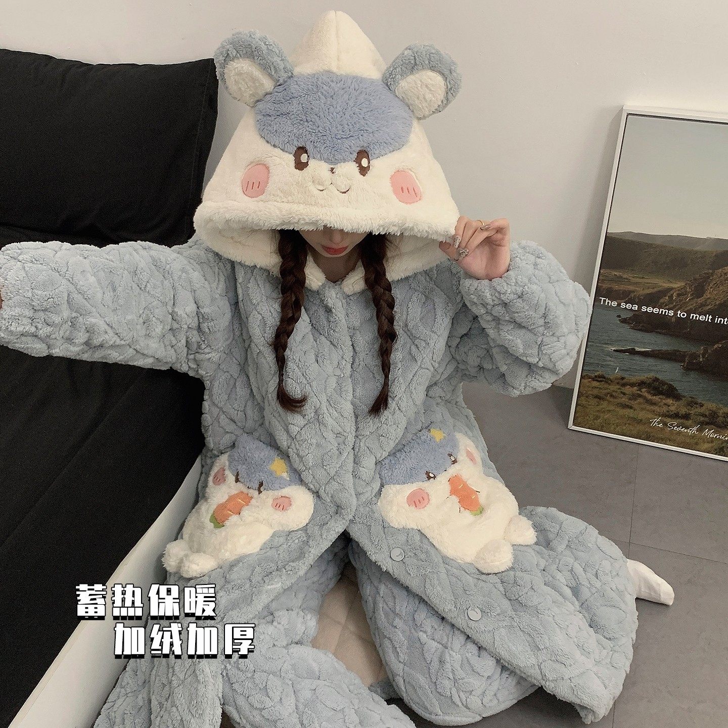 法国OIMG三层夹棉睡衣女秋冬季可爱连帽珊瑚绒加厚加绒睡袍家居服