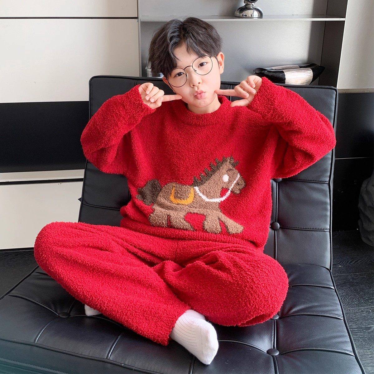 法国Uamtor男童冬装红色法兰绒睡衣中大童家居服珊瑚绒加厚拜年服