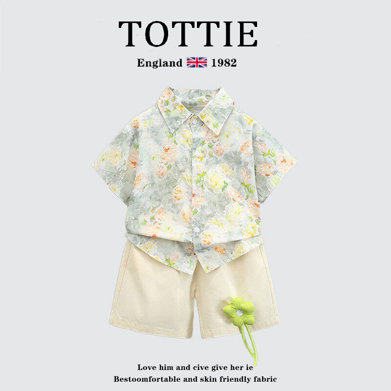 英国TOTTIE男童夏季洋气花衬衫套装儿童韩版帅气衣服沙滩度假两