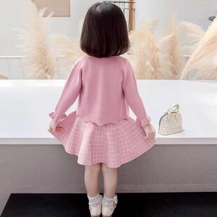 英国FFEIOR女童裙子套装春秋装新款女孩洋气毛衣外套两件套连衣裙