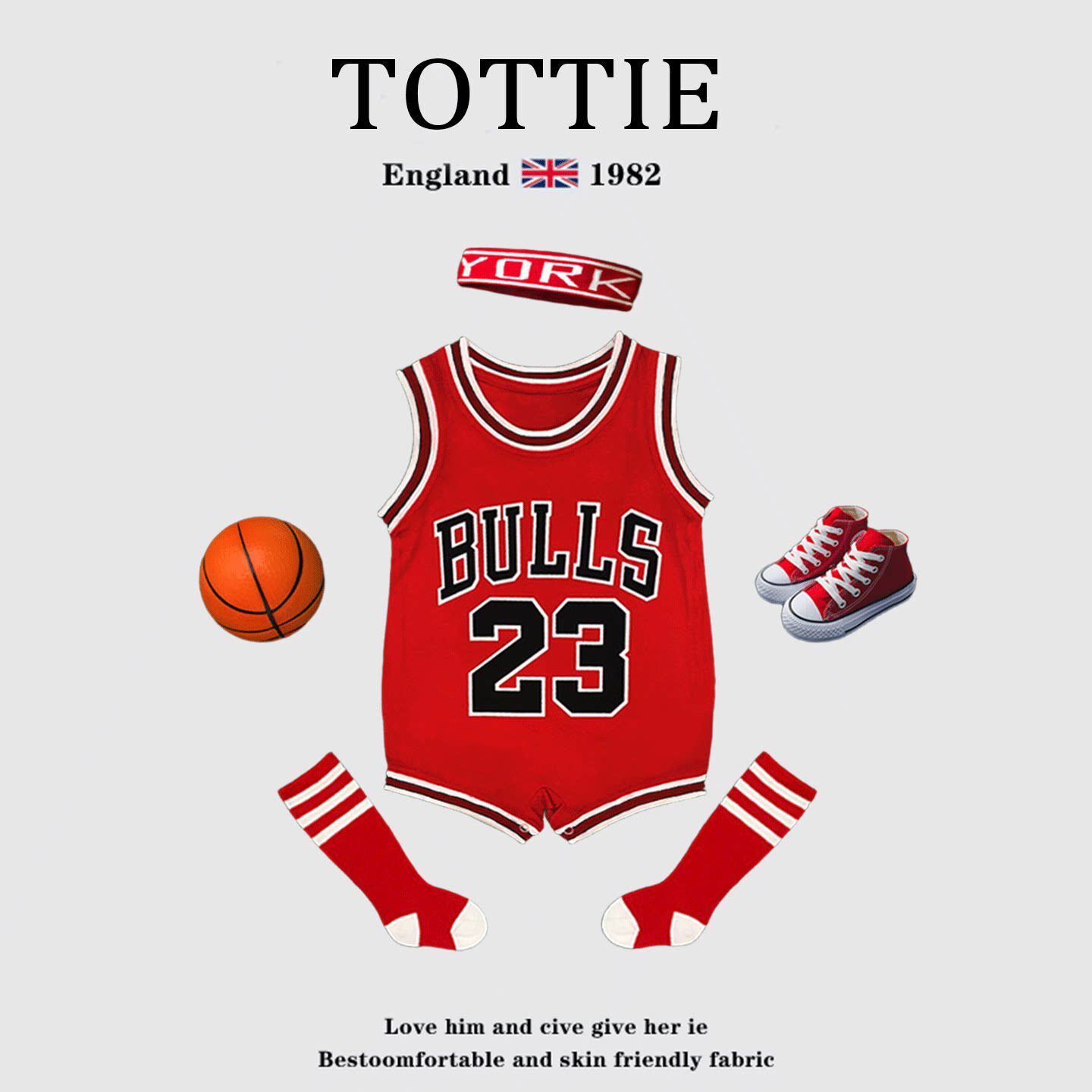 英国TOTTIE夏季婴儿百天拍照篮球服男女宝宝洋气足球服周岁包屁衣