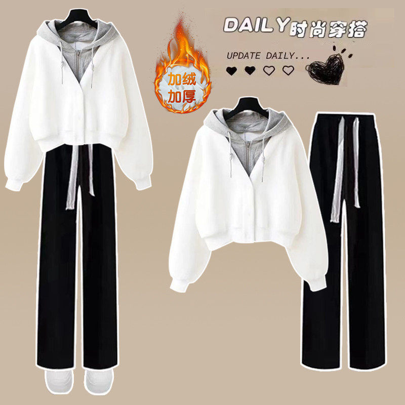 法国Uamtor女童假两件连帽卫衣2025新款秋冬高中初中宽松加绒套装