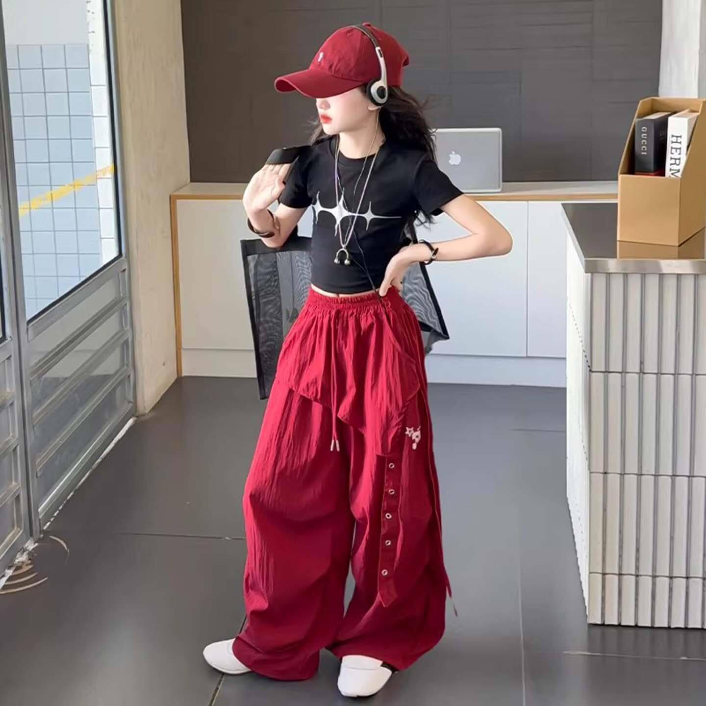 法国Uamtor女童街舞服装轻薄速干工装裤红色夏装嘻哈爵士舞阔腿裤