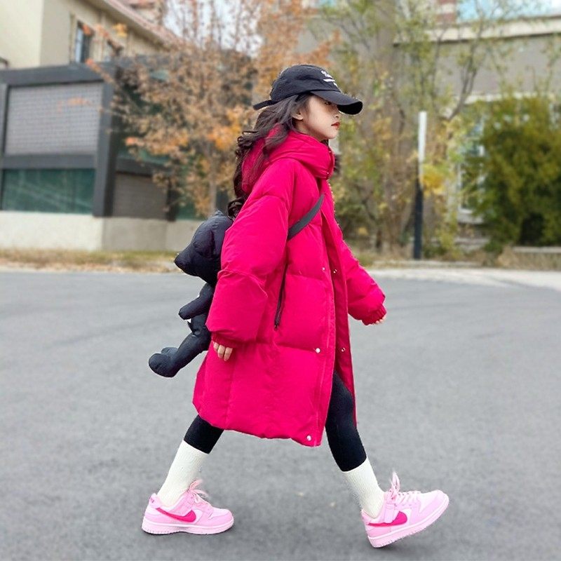 法国BADNUT女童羽绒服冬季2025新款儿童中长款大童红色宽松外套