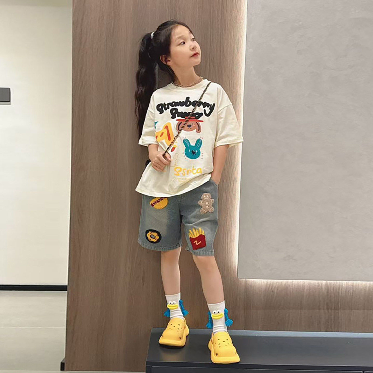 法国Uamtor女童夏季套装2026新款休闲洋气炸街短袖牛仔短裤两件套