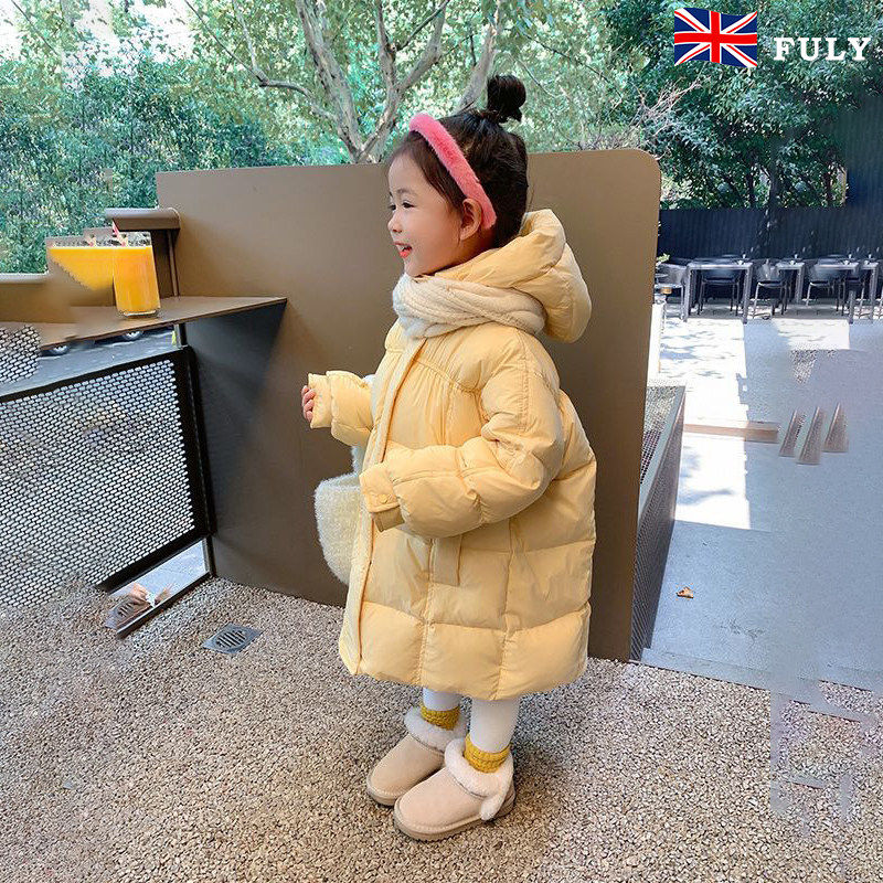英国FULY儿童羽绒服女童中长款加厚90白鸭绒宝宝冬装连帽三防外套