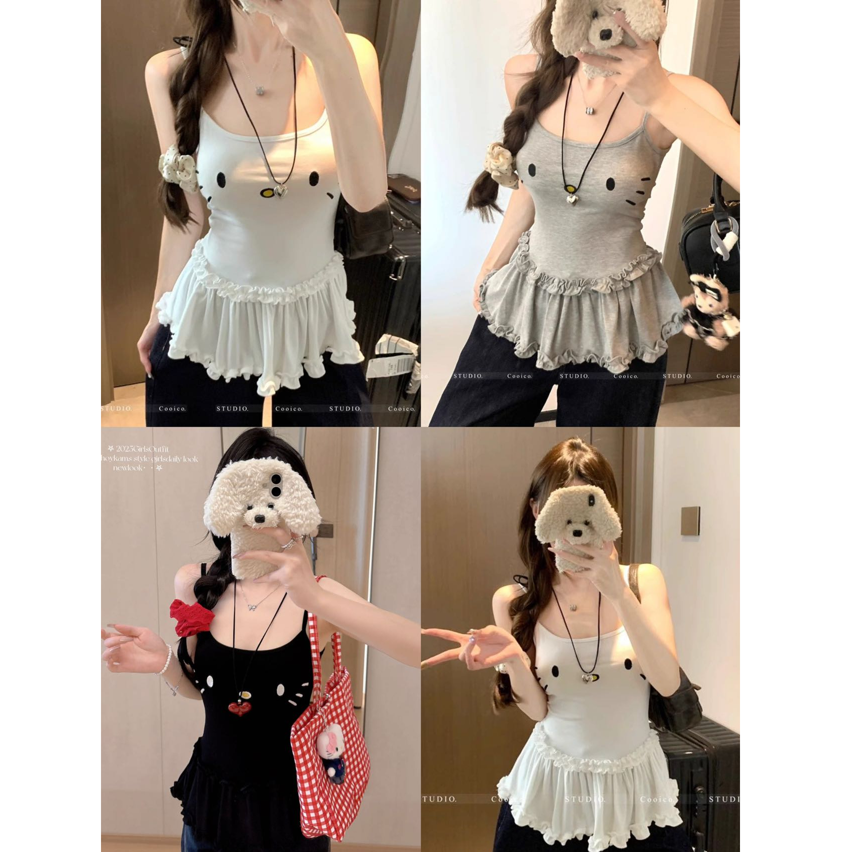 甜辣妹猫咪印花吊带背心女春夏