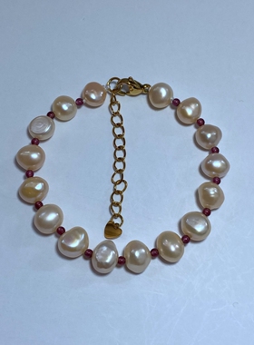 8-9天然粉色异形无核淡水珍珠手链橘色橙色巴洛克不规则单圈手串