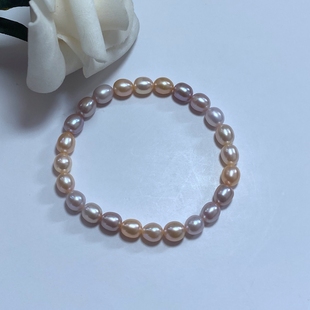 手串 7mm天然糖果色米形淡水无核珍珠弹力绳手链粉紫色松紧款