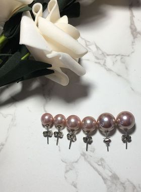 粉紫色简约贝壳珍珠耳钉S925银耳针圆形珍珠母贝仿珍珠长款耳饰