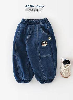 宝宝秋冬裤子新生儿韩版熊猫刺绣儿童外穿水洗牛仔加绒长裤55857