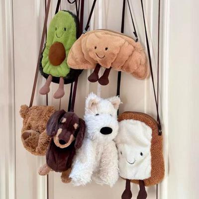 jelly牛角包可颂面包斜挎包小熊笑脸毛绒公仔单肩包拉链包女