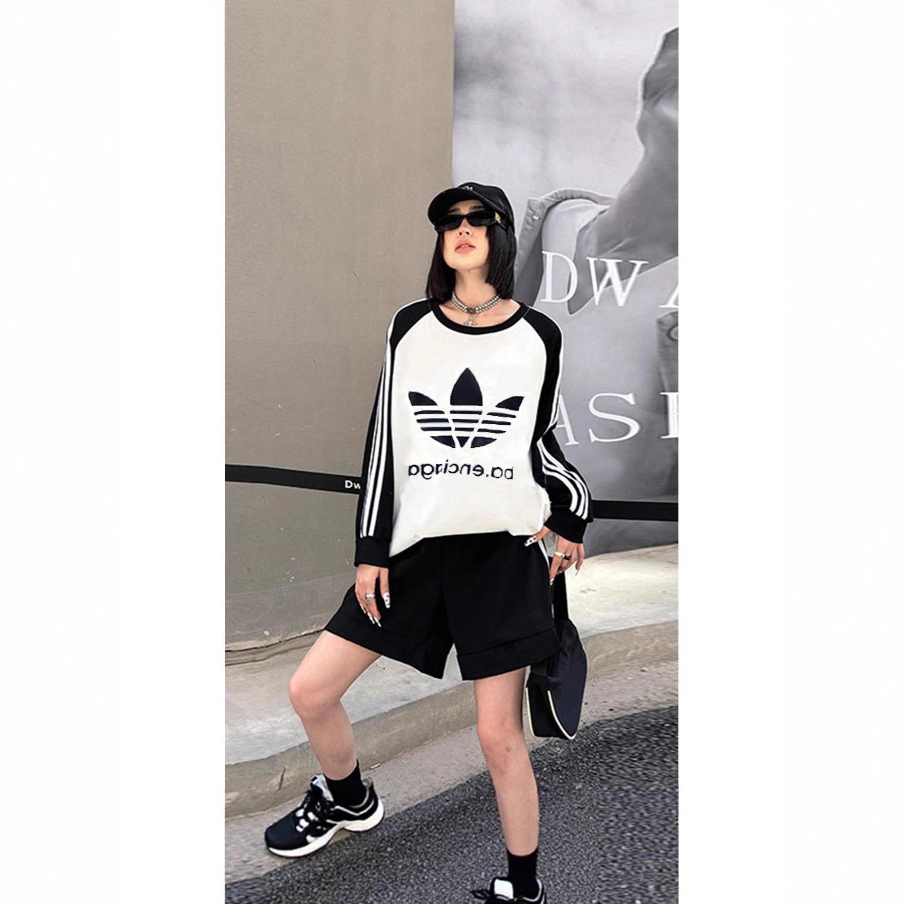 夏天女款2025新款欧美风大码宽松休闲长袖T恤短裤运动套装两件套