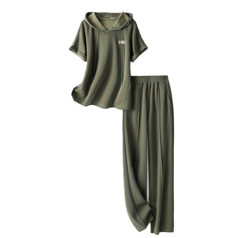 连帽卫衣短袖裤子两件套2025夏季新款女装简约休闲卫衣套装