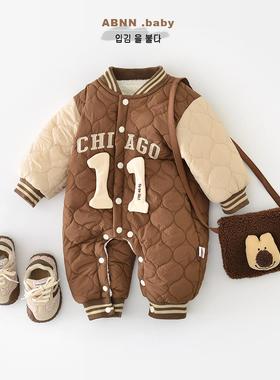 婴儿保暖连体衣宝宝绗棉拼接袖子加绒爬服韩版加厚抱衣爬服55821