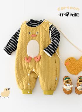 儿童连体衣宝宝加绒保暖无袖背带裤男女童卡通绗棉外出爬服55566