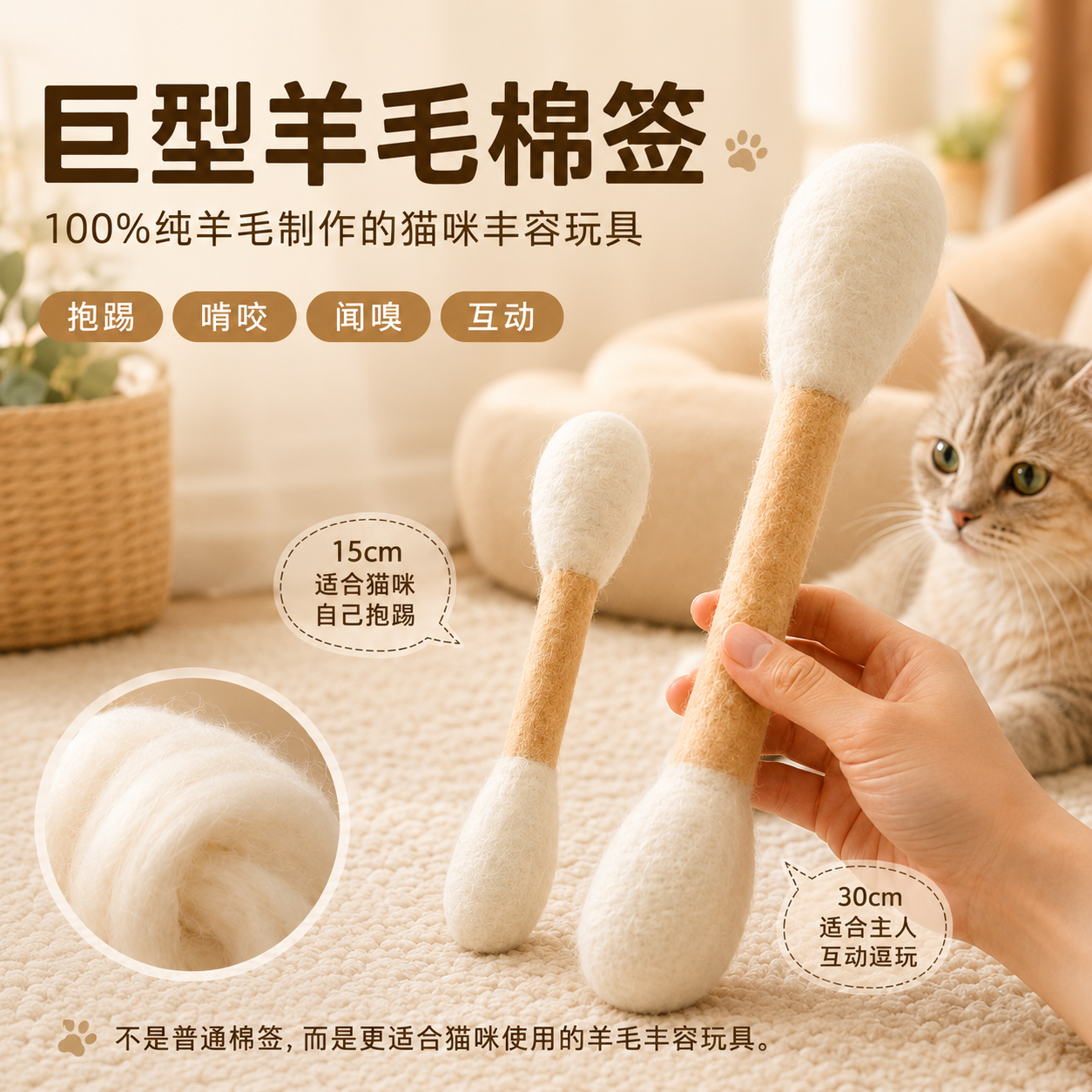 纯羊毛大棉签猫玩具猫咪丰容自嗨抱踢啃咬长条逗猫棒幼猫成猫可用