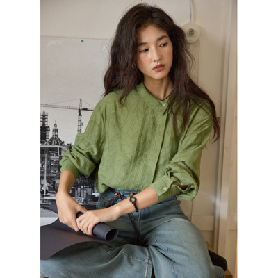 solighter 法式复古不对称翻领提花长袖衬衫女秋气质通勤百搭上衣
