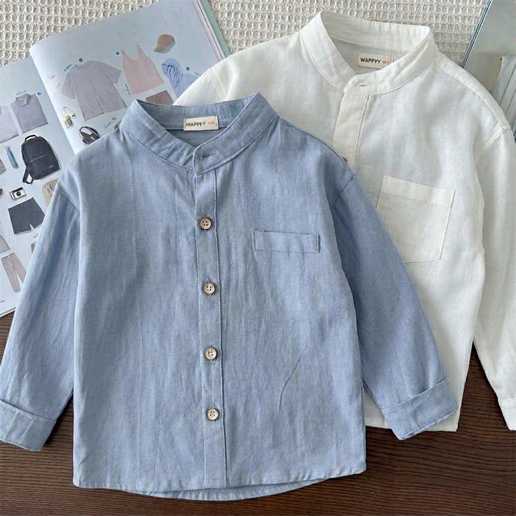 【商场同款】轻薄男童衬衣儿童纯棉长袖衬衫宝宝白色立领上衣纯色