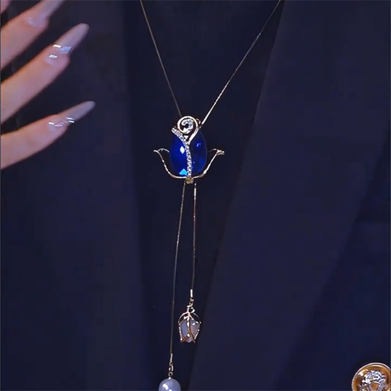 蓝色水晶郁金香毛衣链女秋冬百搭简约猫眼石长款项链时尚挂件配饰