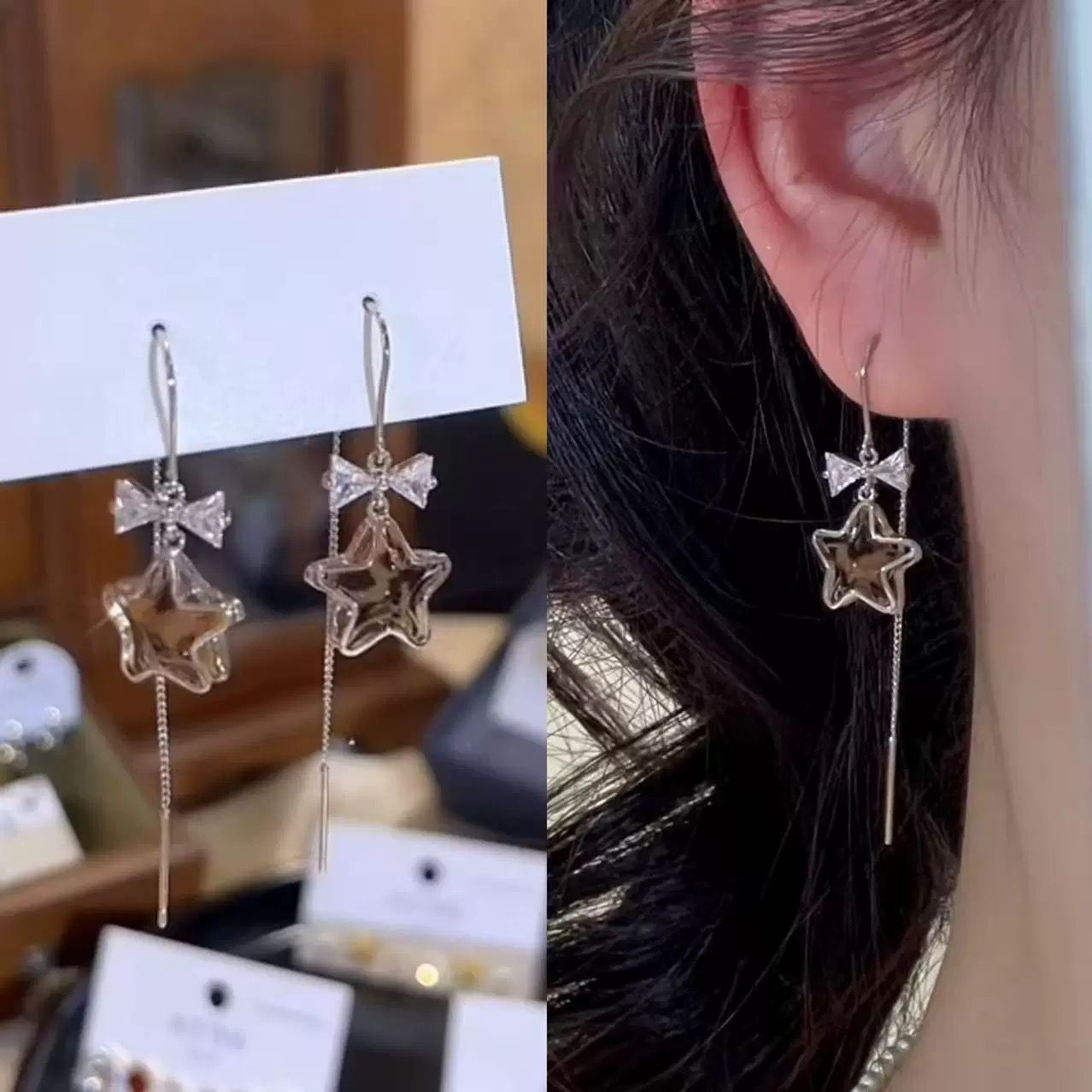 时尚百搭豹纹星星蝴蝶结耳线女