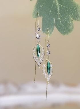 闪耀锆石绿色叶子耳线女2025新款时尚耳环轻奢高级感气质简约耳饰