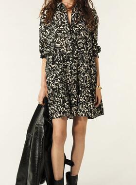 ba&sh 2025新款碎花印花高腰宽松娃娃裙长袖衬衫连衣裙短1E25EFLA