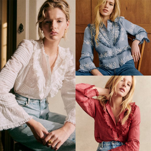 喇叭袖 SHIRT镂空蕾丝花边衬衫 上衣白 衬衣NELE sezane法国购法式