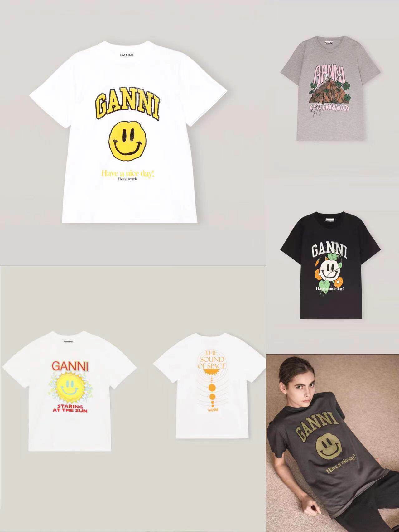 现货 官网订购 Ganni 粉色字母笑脸图案 基础款圆领纯棉T恤 T2605