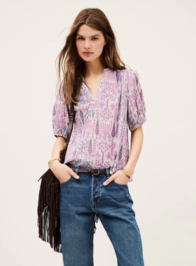 bash美国代购莫奈花园法式复古波西米亚短袖上衣1E25PUEB(现货）