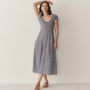 DOEN美国代购 SOFIA碎花高腰修身长裙 泡泡袖圆领连衣裙(现S.M)