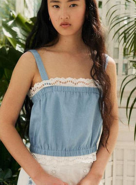 Sezane美国代购 LUCIANI 蕾丝花边领无袖吊带背心上衣