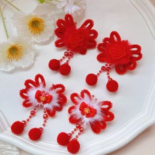 新年宝宝汉服头饰红色蝴蝶结毛球发夹古风中国风女童过年绒花对夹