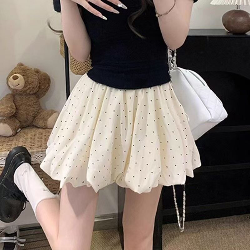 杏色波点半身裙女夏季2026新款高腰a字花苞蛋糕裙肌理感蓬蓬短裙